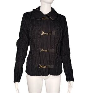 Lauren Ralph L Sweater Cable Knit Full Zip Cardigan W/Buckles Woman's SZ-S Black